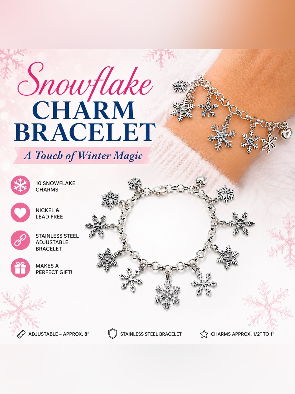 Snowflake Charm Bracelet | Winter Jewelry | Silver Snowflake Bracelet | Christma